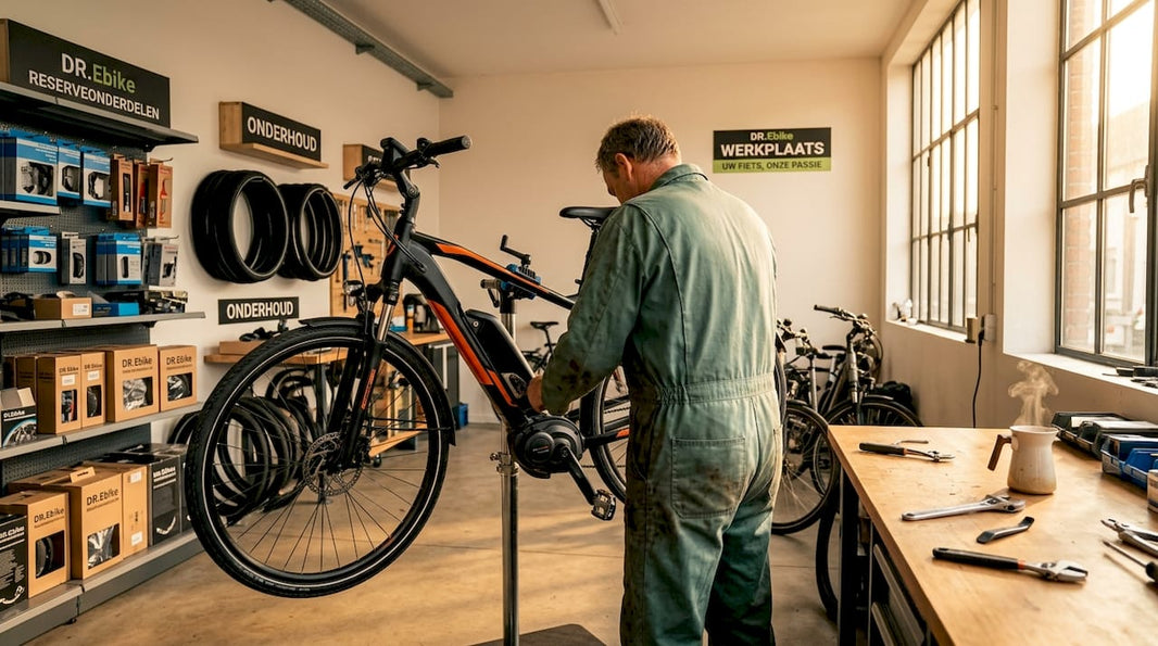De fietsenmaker is bezig met het onderhoud van een e-bike.