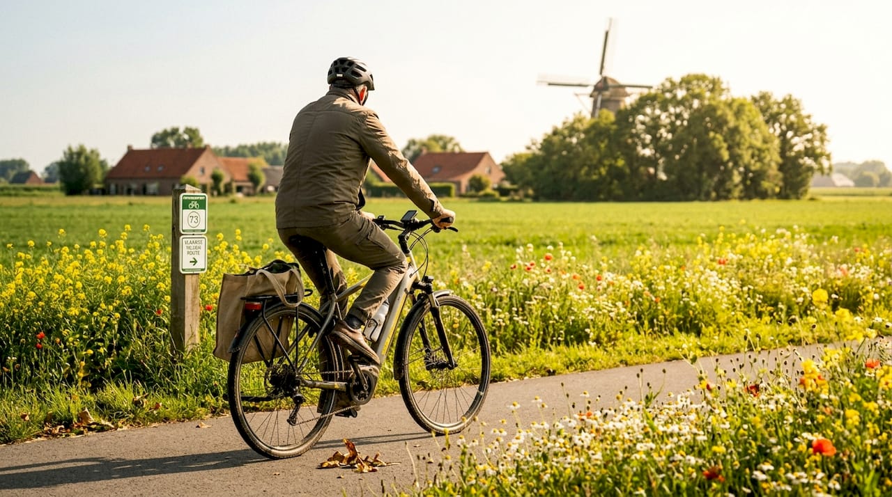 Een e-biker geniet van een ritje over een Belgisch fietspad, omringd door het groene platteland.