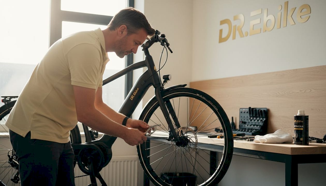 Man bekijkt fiets grondig op eventuele mankementen in de werkplaats