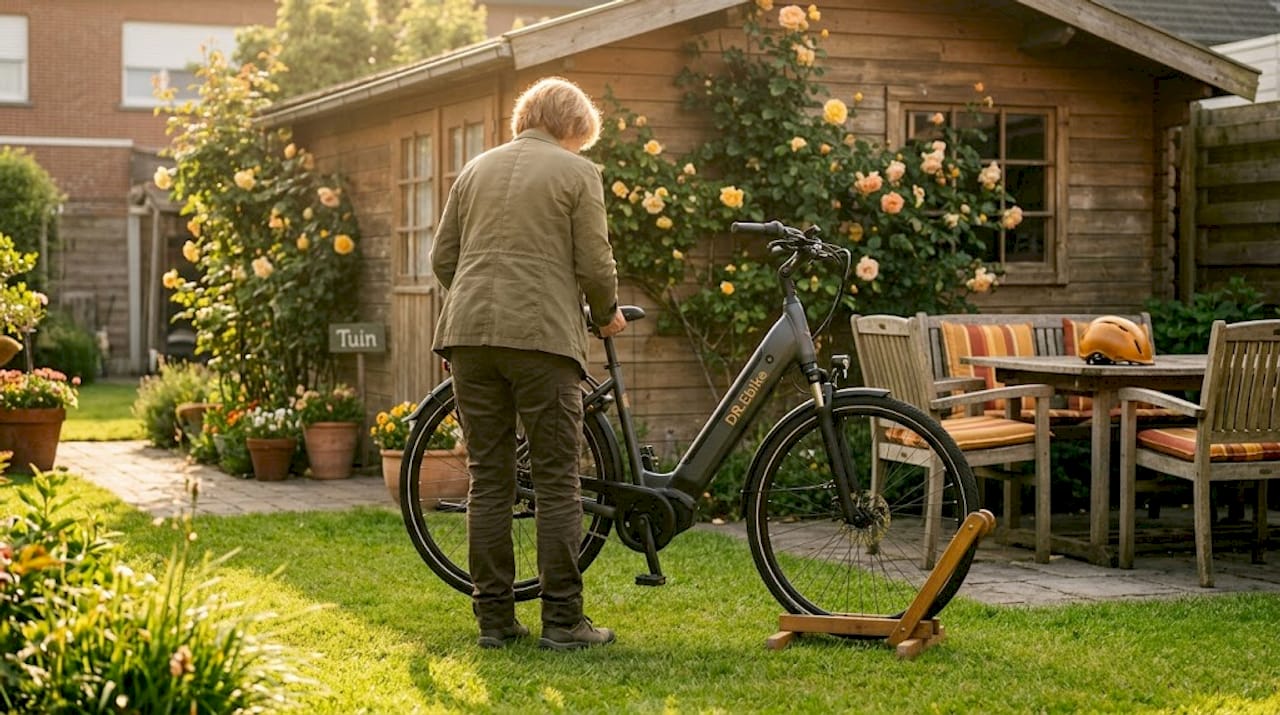 Vrouw zet haar e-bike in de garage in Vlaanderen
