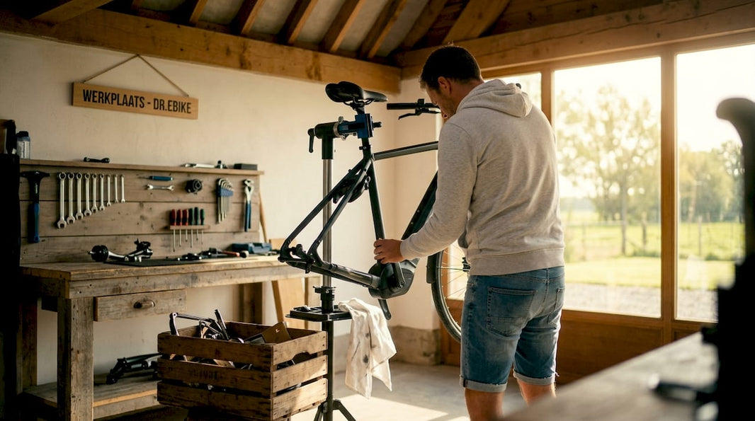 Een man bekijkt het frame van zijn stadsfiets in de garage.