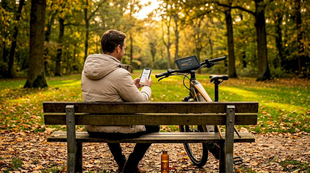 Man werkt aan e-bike software terwijl hij op een bankje in het park zit