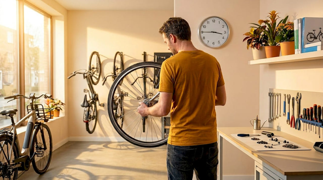 Een fietsenmaker inspecteert een wiel in zijn werkplaats.