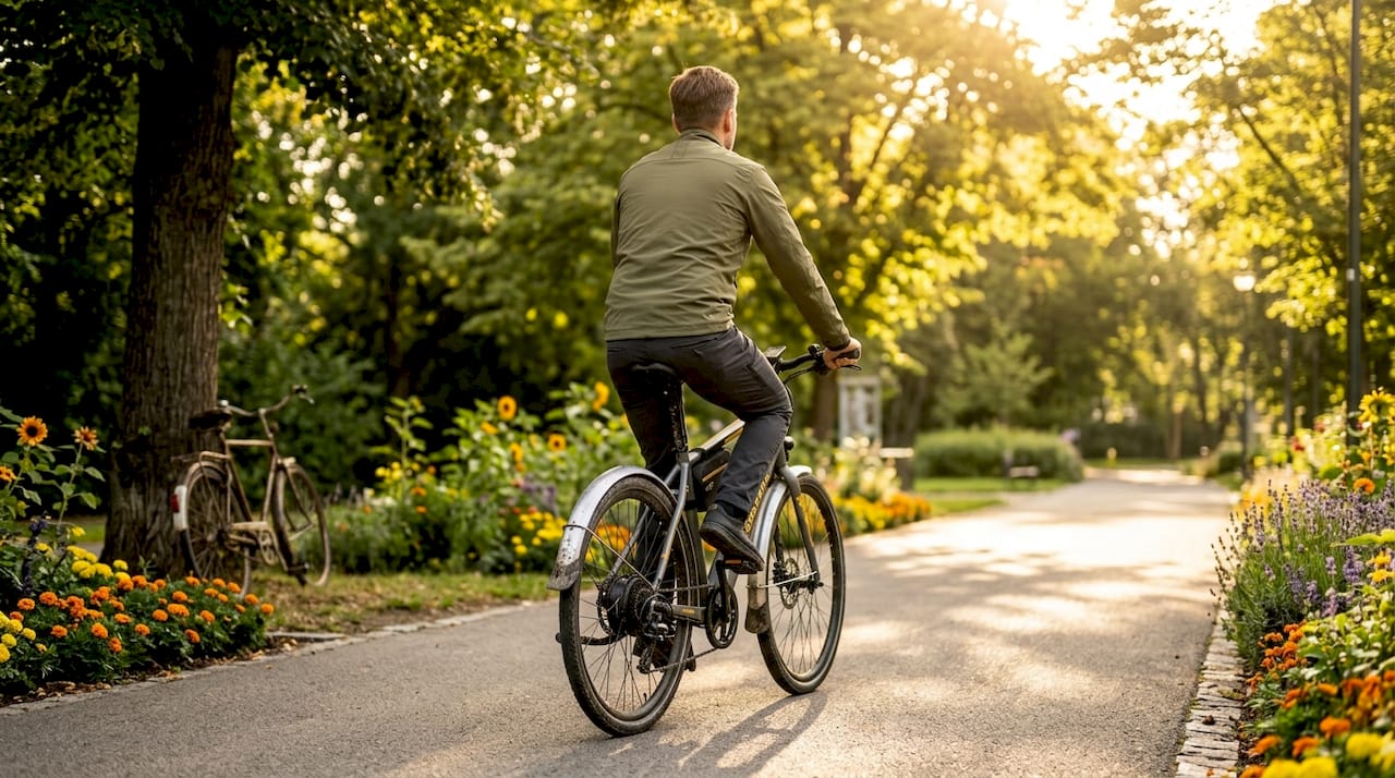 Man probeert nieuwe e-bike met directe aandrijving uit op parkpad