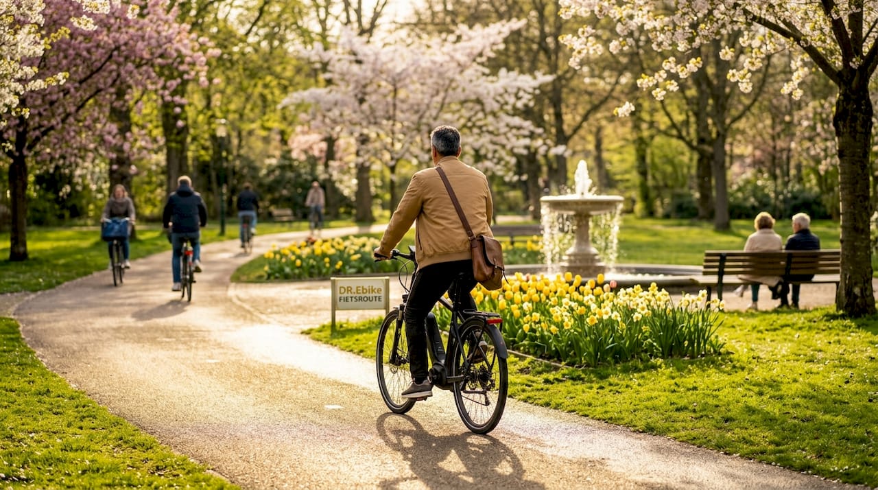 Vrouw fietst op haar e-bike door het stadspark