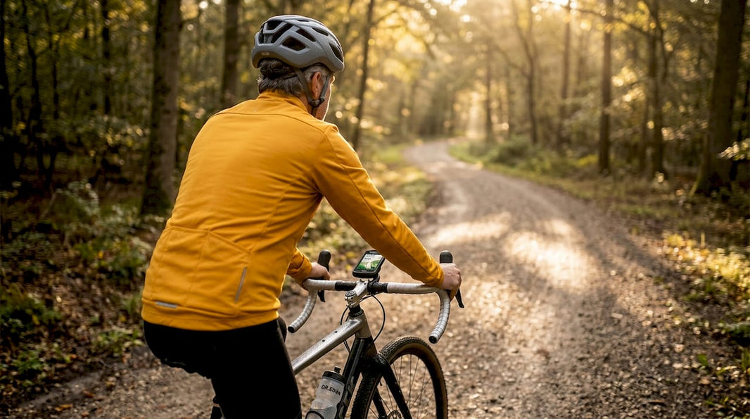 Een fietser rijdt buiten met een gps op het stuur bevestigd.