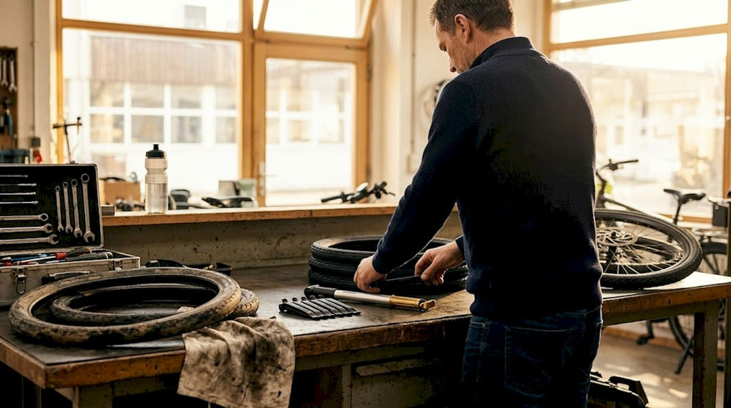 Een man legt alvast zijn gereedschap klaar om straks een fietsband te vervangen.