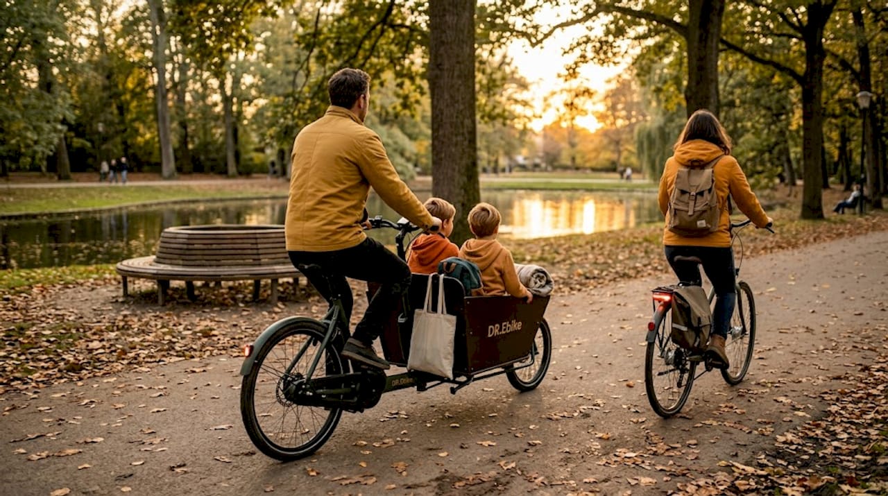 Met het hele gezin maken ze een ontspannen fietstocht door het park in de stad.