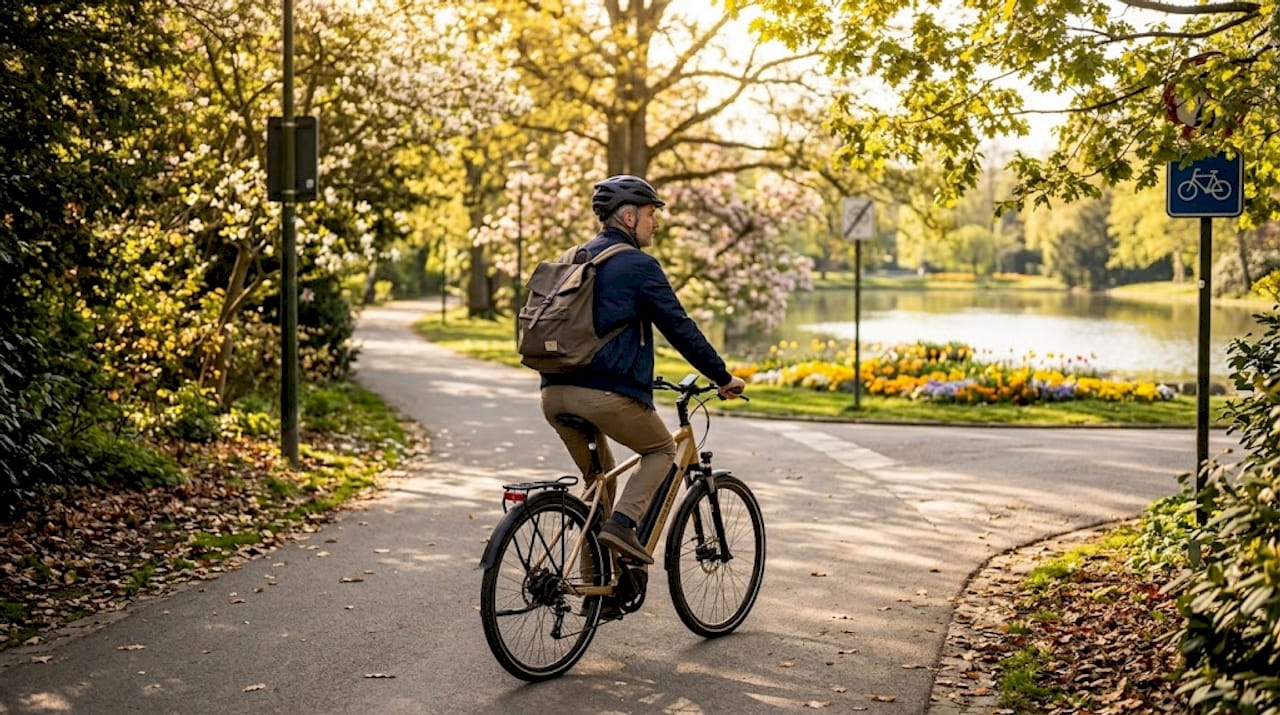 Een man fietst op zijn e-bike door de straten van Brussel en manoeuvreert behendig tussen het stadsverkeer.