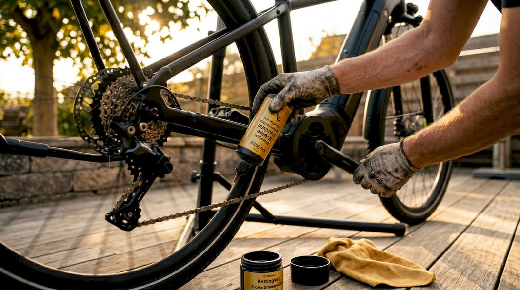 Detailopname van handen die de fietsketting smeren
