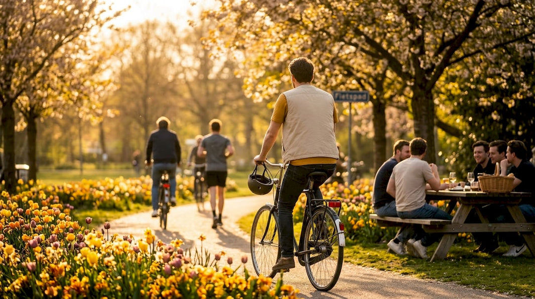 Een fietser rijdt door een gezellige straat in een Belgisch stadje.