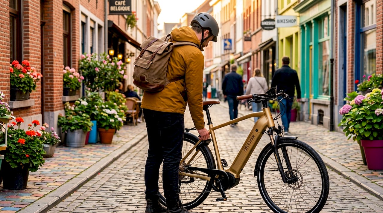 Een man controleert in de middag buiten het slot van zijn fiets.