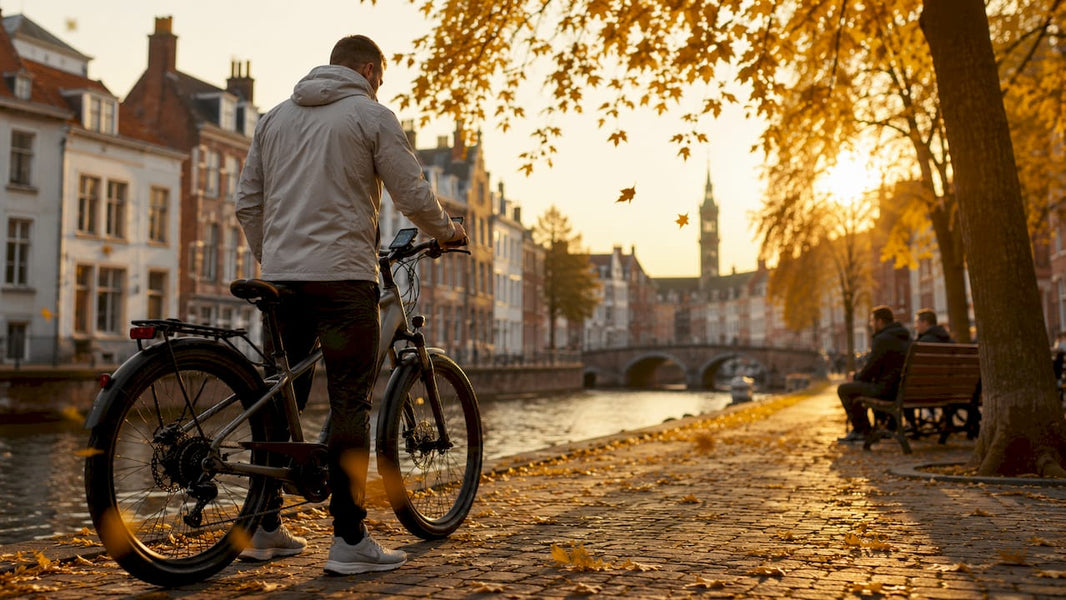 Een man controleert zijn GPS op zijn e-bike tijdens een fietstocht in de buitenlucht.