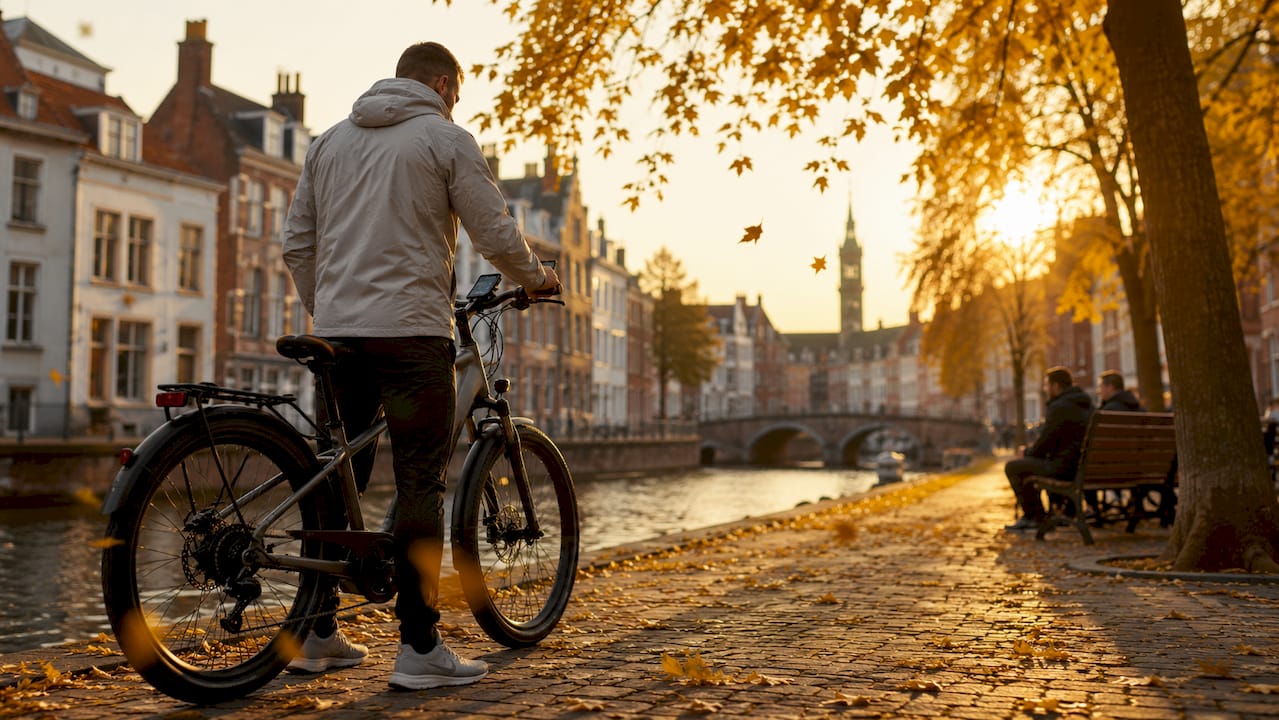 Een man controleert zijn GPS op zijn e-bike tijdens een fietstocht in de buitenlucht.