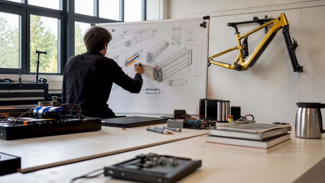 Een ontwerper van O2feel werkt aan een schets voor het nieuwe accu-ontwerp van hun e-bike.