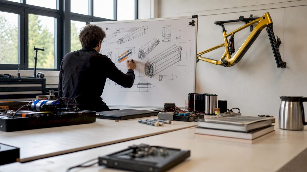 Een ontwerper van O2feel werkt aan een schets voor het nieuwe accu-ontwerp van hun e-bike.