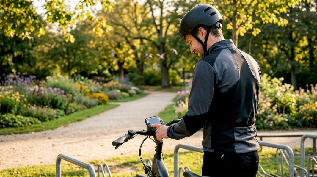 Man stelt het display van zijn e-bike in