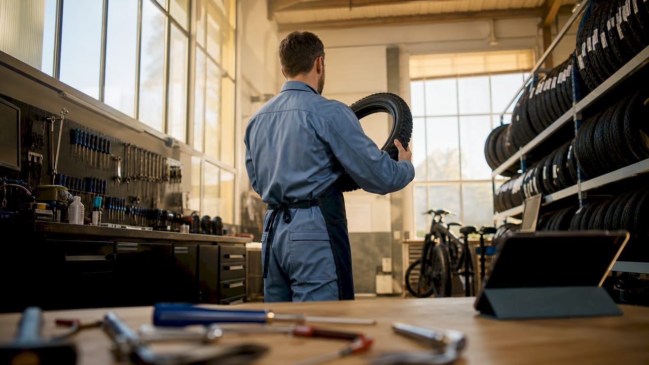Een fietsenmaker bekijkt aandachtig een speciaal e-bikeband in zijn werkplaats.