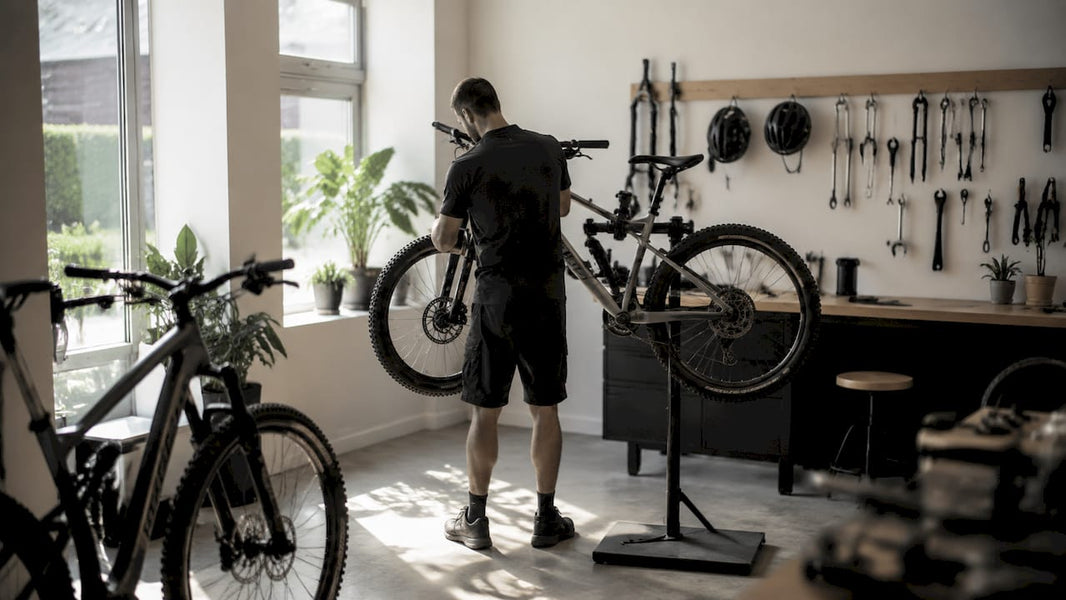 Een man is in de garage bezig met het schoonmaken en afstellen van zijn mountainbike.