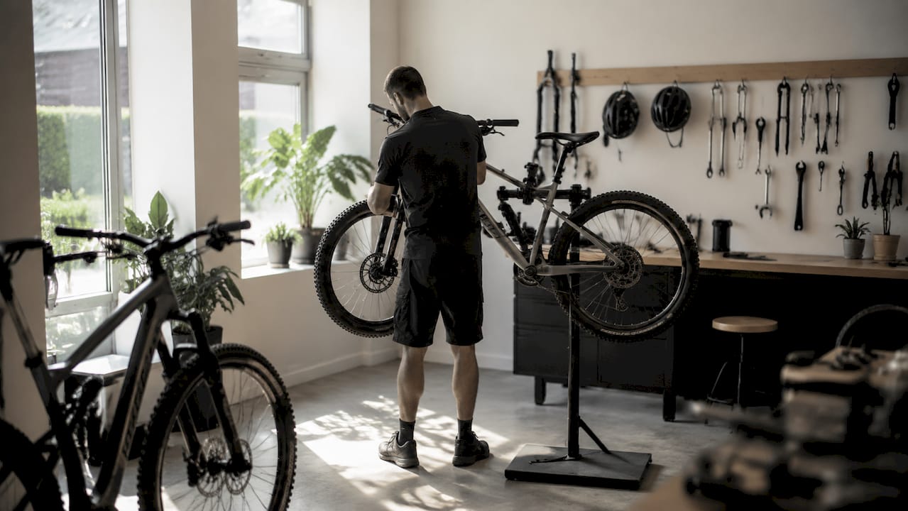 Een man is in de garage bezig met het schoonmaken en afstellen van zijn mountainbike.