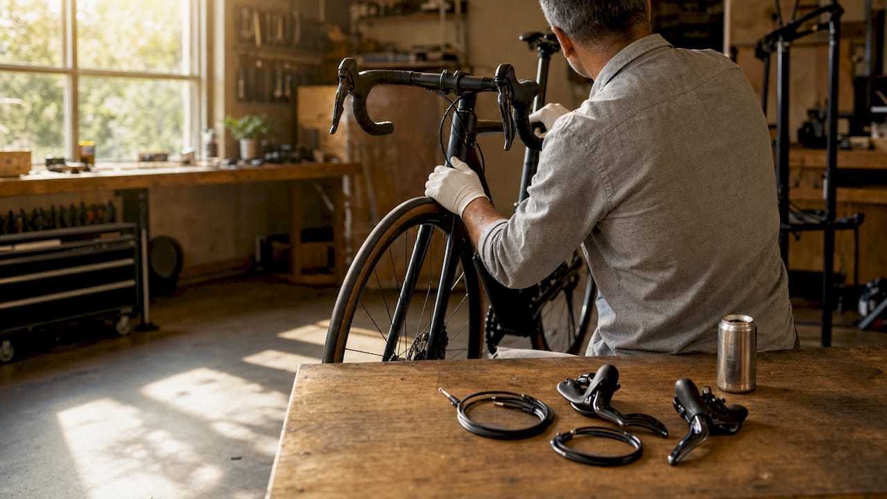 Man bekijkt nauwkeurig de geïntegreerde onderdelen van zijn racefiets