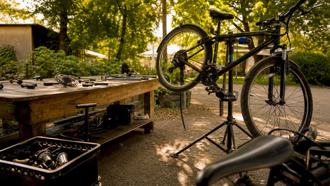 Een blik in een fietswerkplaats met allerlei gereedschap en een fiets op de werkbank.