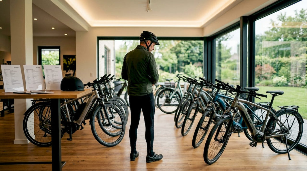 Man test verschillende e-bikes in het fietstestcentrum