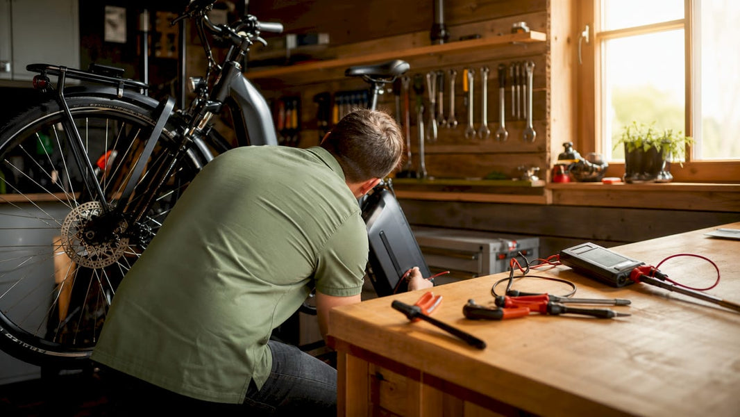 Een monteur controleert de accu van een e-bike.