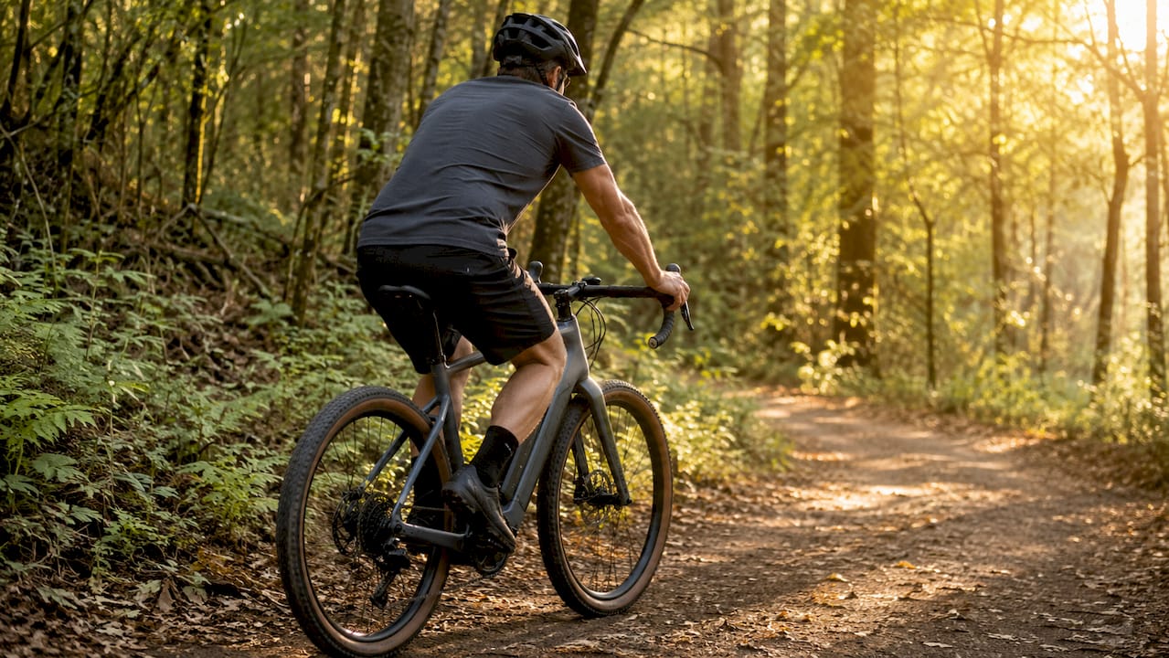 Een man maakt een tocht door het bos op zijn elektrische gravelbike.