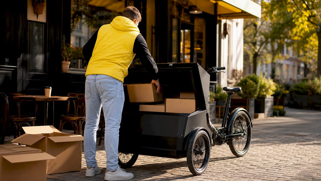 Een man is bezig pakketten in een elektrische bakfiets te laden.