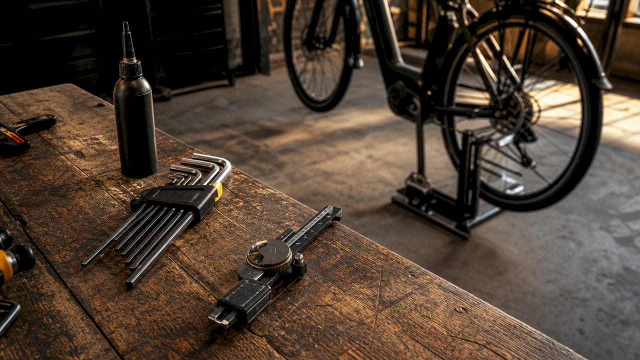 Gereedschap voor het onderhouden van e-bikes op de werkbank
