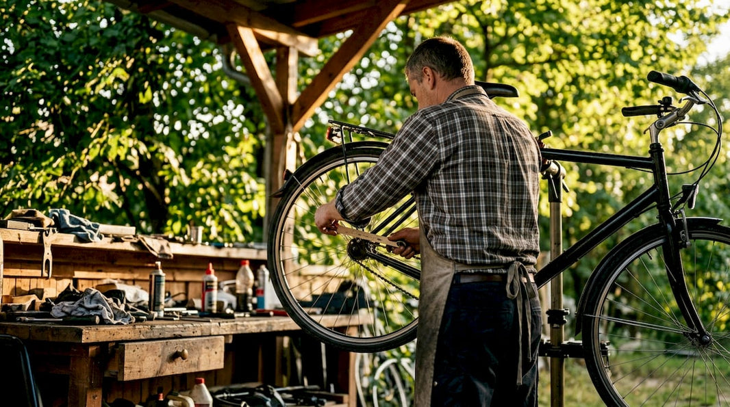 Een fietsenmaker is bezig met het afstellen van de fietsketting.