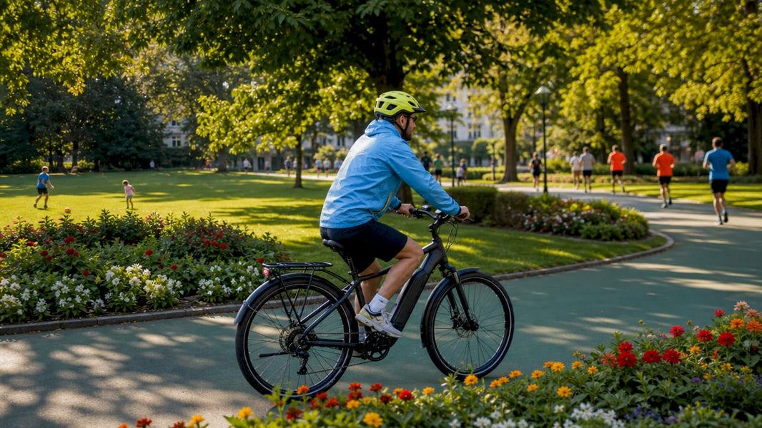 Een man fietst over een stadsfietspad, gezien vanaf de achterkant.