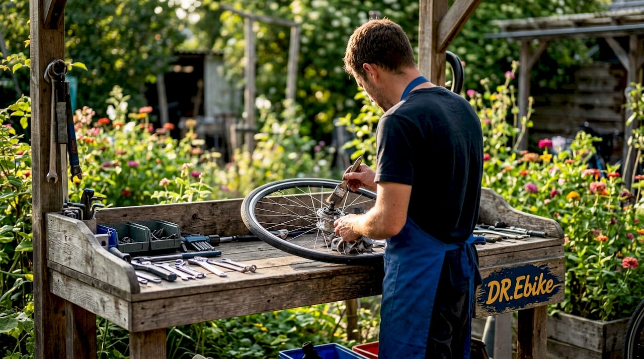 Monteur voert onderhoud uit aan de naaf van een fietswiel, close-up