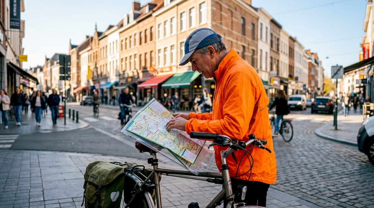 Fietser bekijkt onderweg de route op zijn kaart