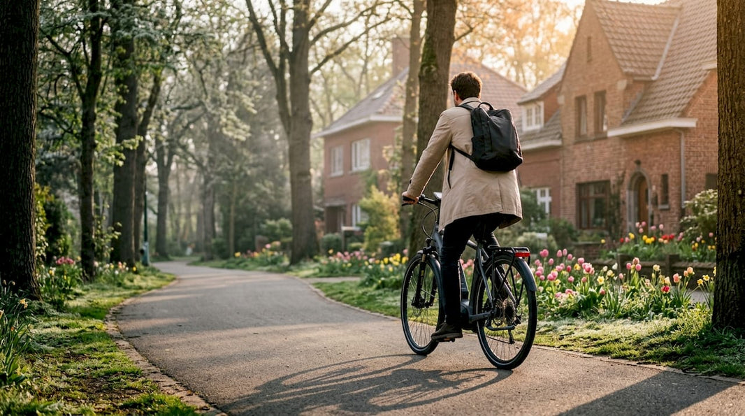 Een man fietst achterop een pendelfiets.