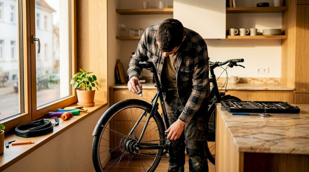 Een man is in de garage bezig om de ketting van zijn fiets te smeren.