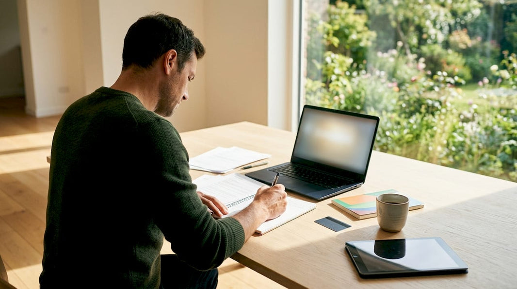 Een man bekijkt zijn betalingspapieren terwijl hij aan zijn bureau zit.