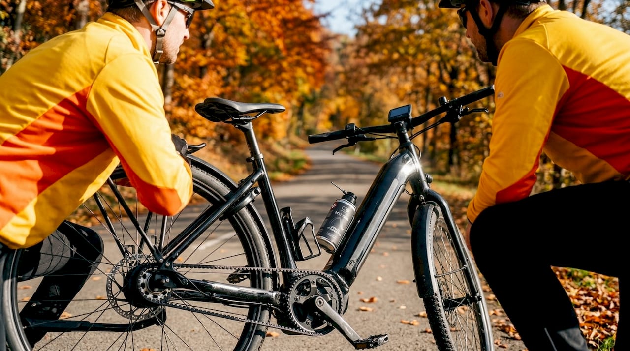 E-biker van achter gefotografeerd op een landelijke weg; trapas en sensoren duidelijk zichtbaar.
