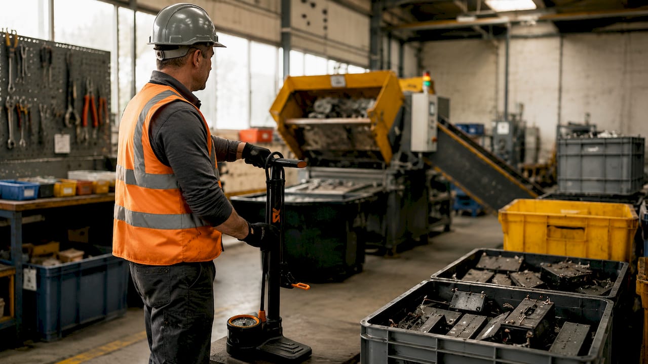 Man aan het werk in een recyclingbedrijf