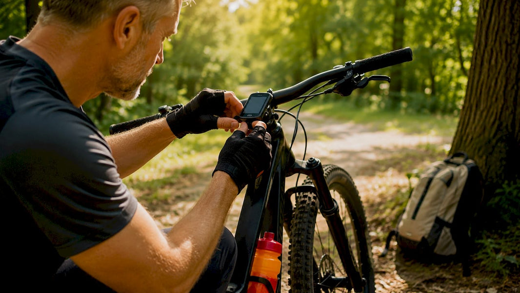 Een man bevestigt zijn fietscomputer op zijn mountainbike.