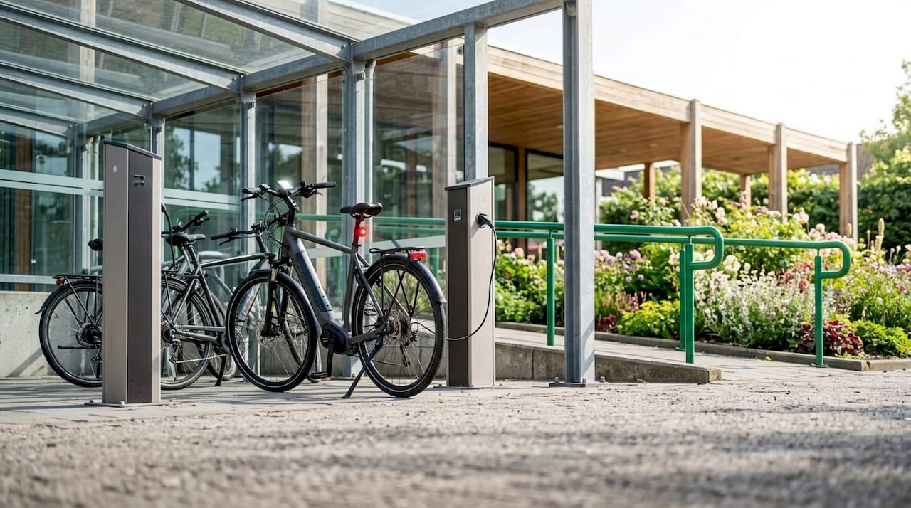 Elektrische fietsen veilig gestald in een afgesloten fietsenstalling, zonder dat er mensen in beeld zijn.