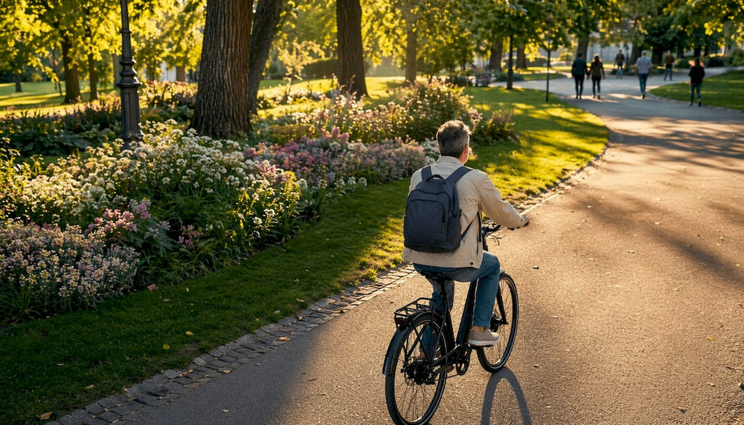 Een man rijdt op een Velo-fiets door de straten van Antwerpen.