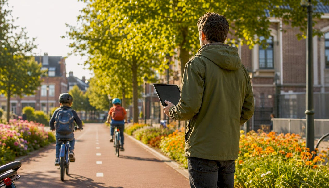 Man houdt fietsverkeer in de gaten langs het fietspad
