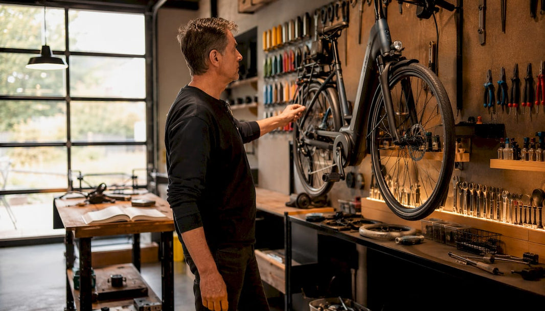 Een e-bike-expert inspecteert een elektrische fiets in de fietsenwinkel om de hoek.
