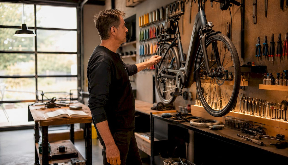 Een e-bike-expert inspecteert een elektrische fiets in de fietsenwinkel om de hoek.