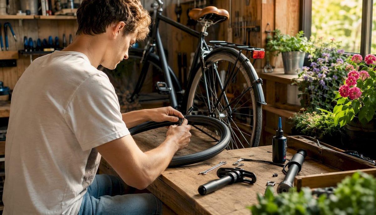Een man is bezig met het repareren van een fietsband in de werkplaats, gezien van achteren.