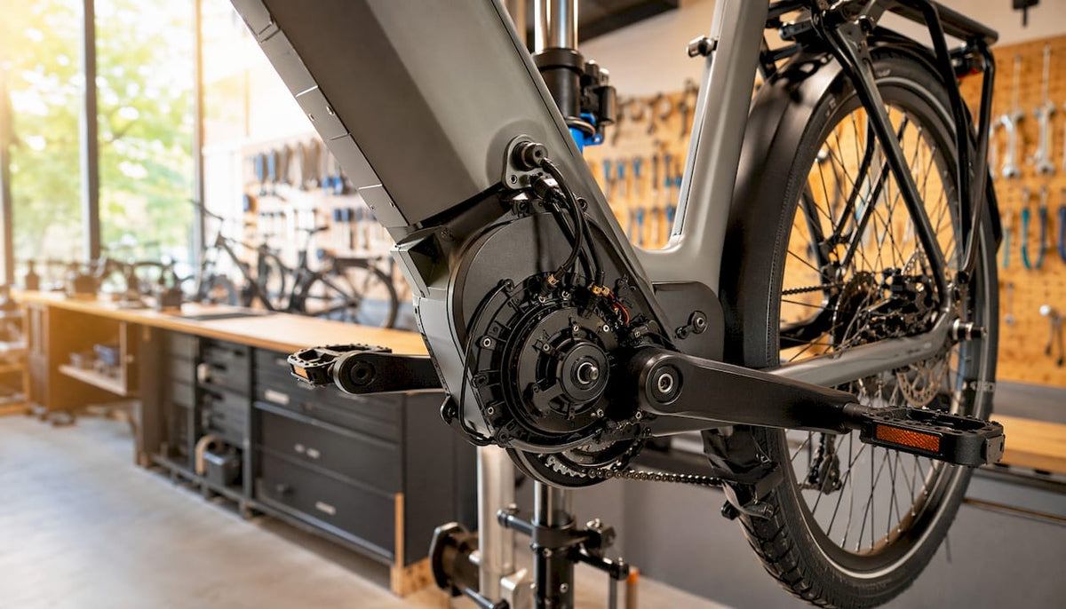 Detailopname van de sensoren die op het frame van een e-bike zijn bevestigd.