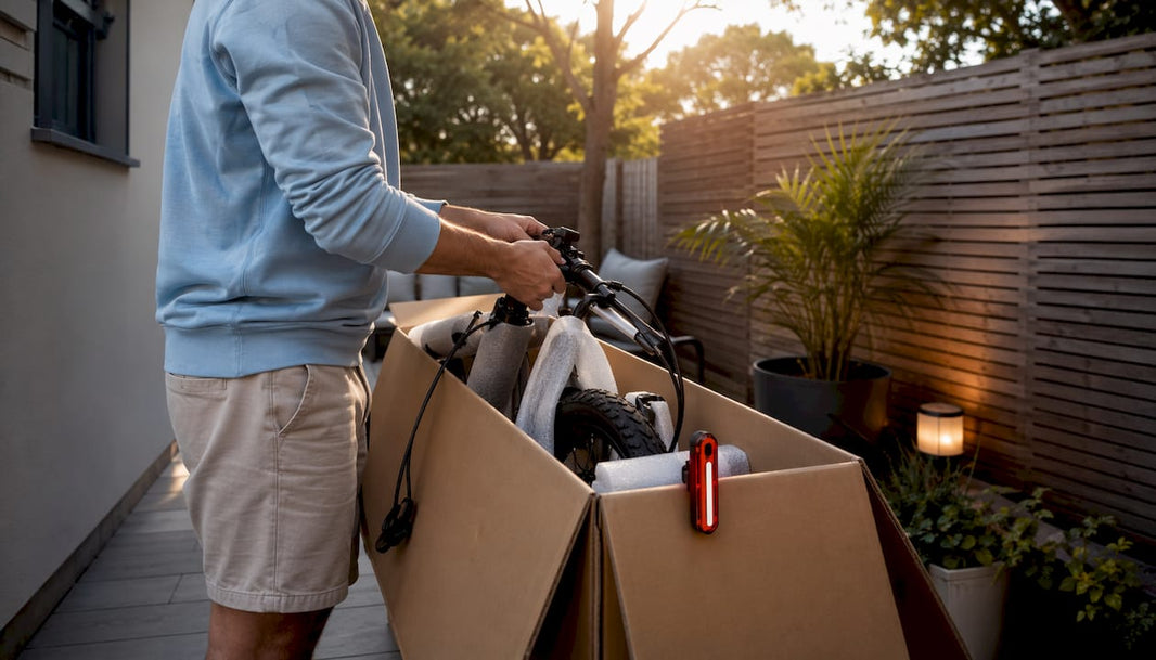 In de tuin zet een man zijn nieuwe e-bike in elkaar, net uit de doos gehaald.