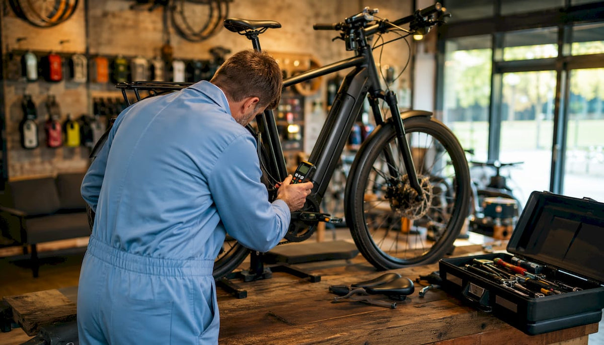 Een monteur bekijkt de e-bike accu aan de achterkant.